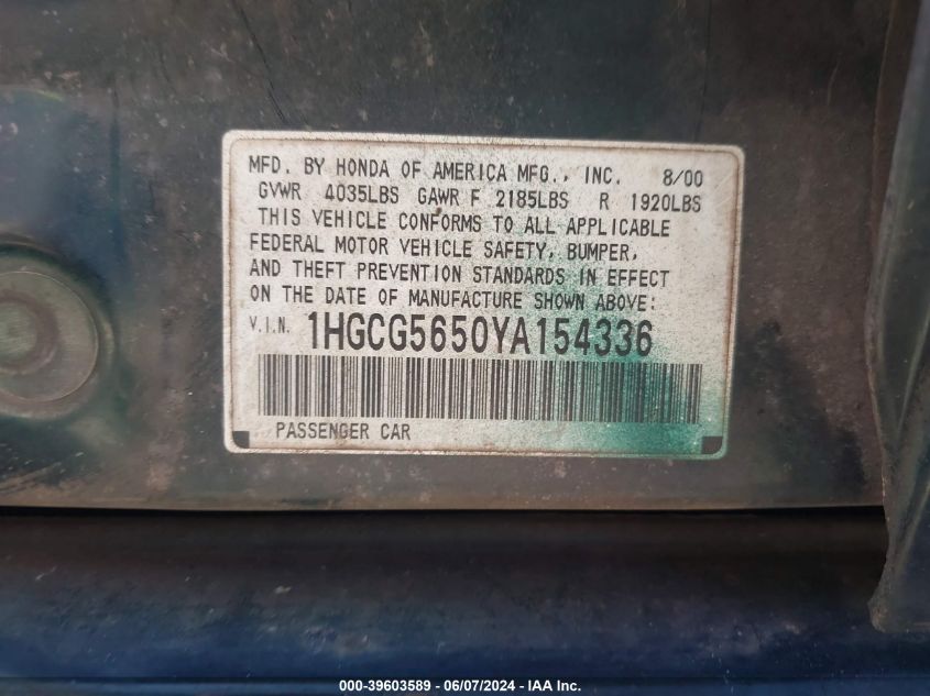2000 Honda Accord 2.3 Ex VIN: 1HGCG5650YA154336 Lot: 39603589