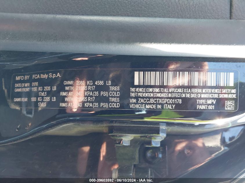 2016 Jeep Renegade Trailhawk VIN: ZACCJBCTXGPD01178 Lot: 39603592