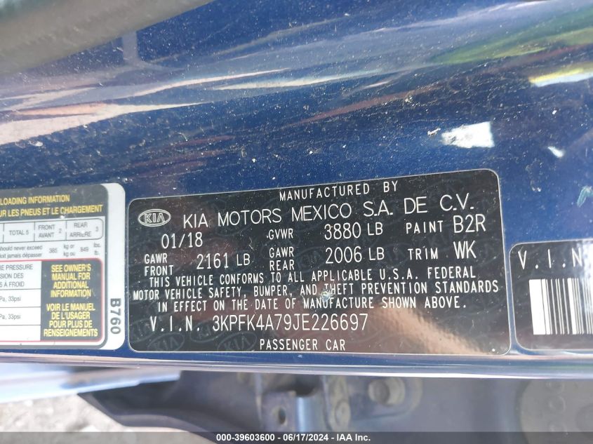 2018 Kia Forte Lx VIN: 3KPFK4A79JE226697 Lot: 39603600