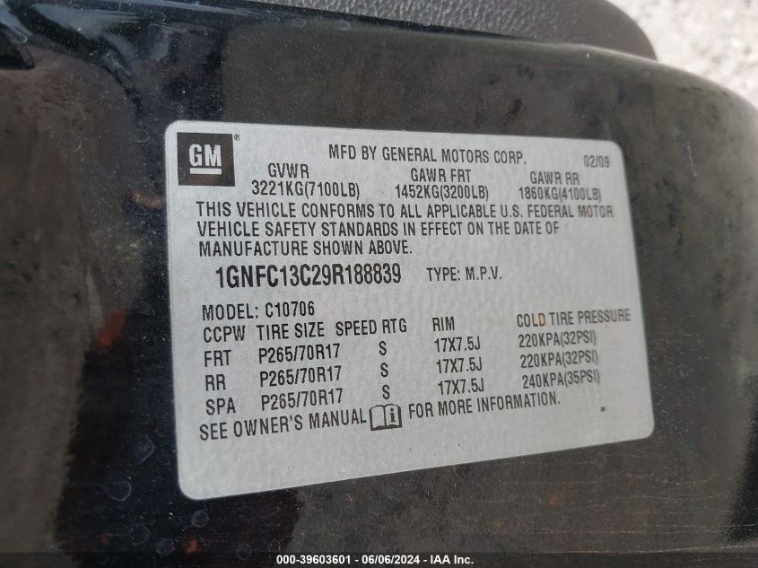 2009 Chevrolet Tahoe Ls VIN: 1GNFC13C29R188839 Lot: 39603601