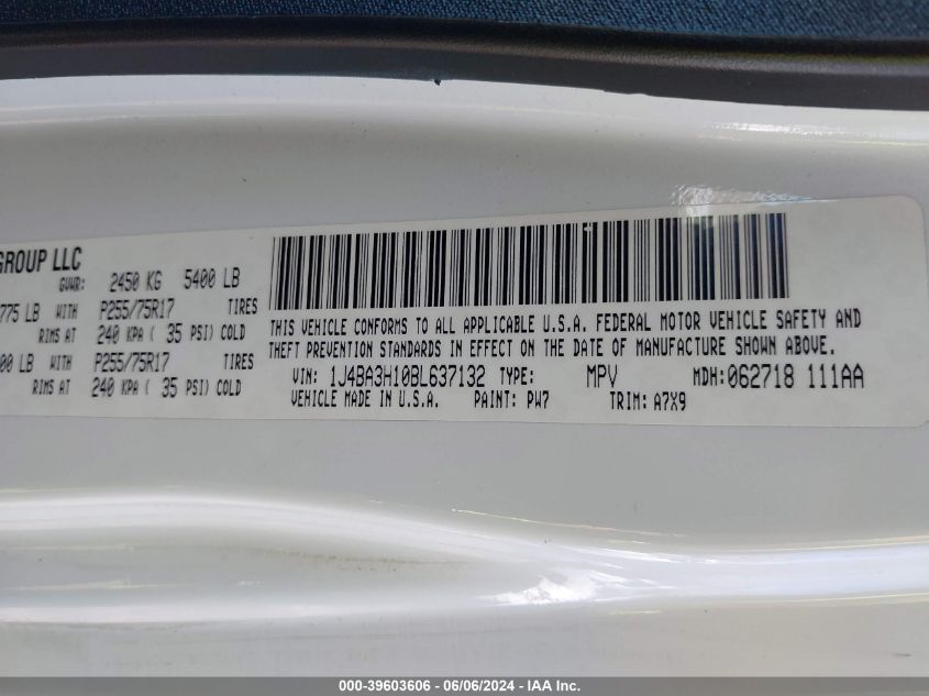 2011 Jeep Wrangler Unlimited Sport VIN: 1J4BA3H10BL637132 Lot: 39603606