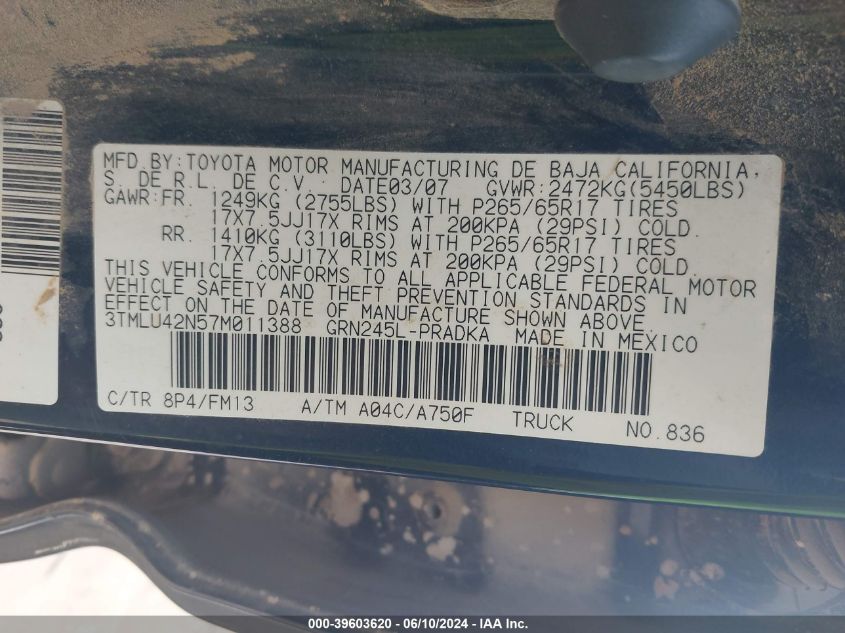 2007 Toyota Tacoma Base V6 VIN: 3TMLU42N57M011388 Lot: 39603620