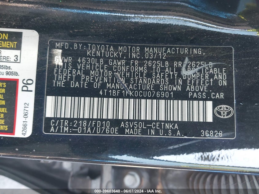 2012 Toyota Camry Le VIN: 4T1BF1FK0CU076901 Lot: 39603640