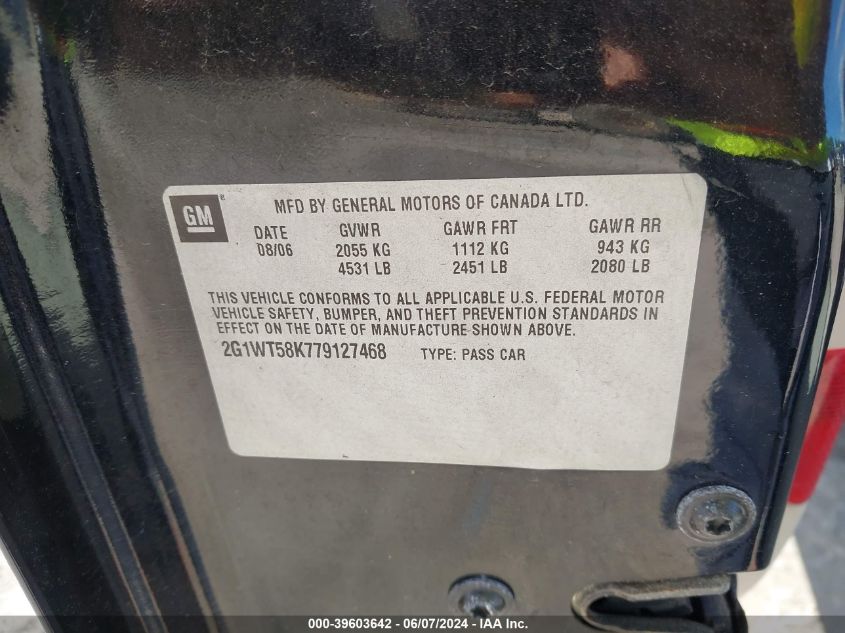 2007 Chevrolet Impala Lt VIN: 2G1WT58K779127468 Lot: 39603642