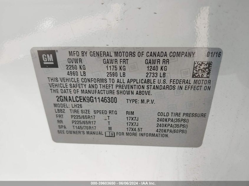 2016 Chevrolet Equinox Lt VIN: 2GNALCEK9G1146300 Lot: 39603650