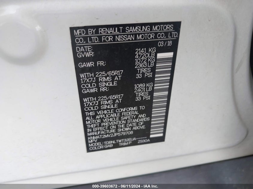 2018 Nissan Rogue Sv VIN: KNMAT2MV2JP579708 Lot: 39603672