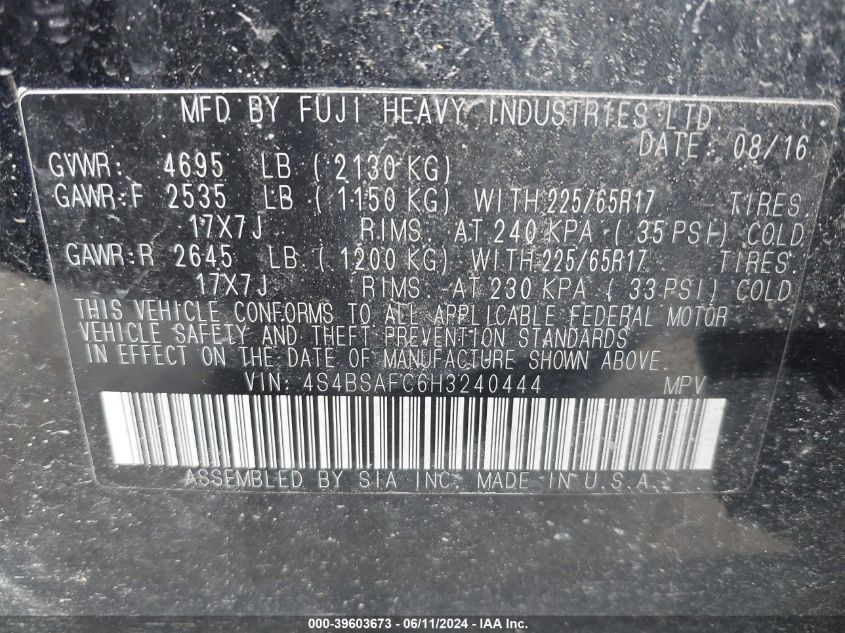 2017 Subaru Outback 2.5I Premium VIN: 4S4BSAFC6H3240444 Lot: 39603673