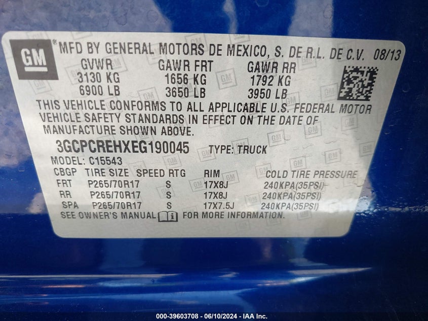 2014 Chevrolet Silverado 1500 2Lt VIN: 3GCPCREHXEG190045 Lot: 39603708