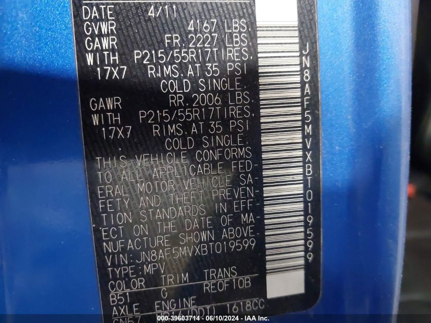 2011 Nissan Juke Sl VIN: JN8AF5MVXBT019599 Lot: 39603714