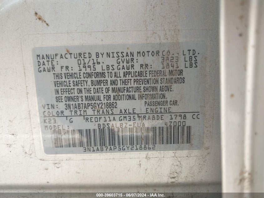 2016 Nissan Sentra Fe+ S/S/Sl/Sr/Sv VIN: 3N1AB7AP5GY218862 Lot: 39603715