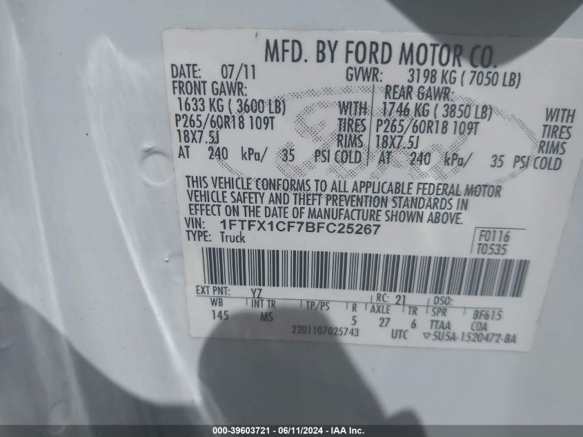 2011 Ford F-150 Xlt VIN: 1FTFX1CF7BFC25267 Lot: 39603721