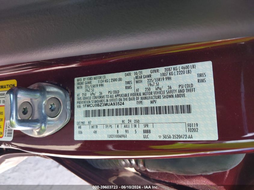 2021 Ford Escape Se Hybrid VIN: 1FMCU0BZ3MUA93524 Lot: 39603723