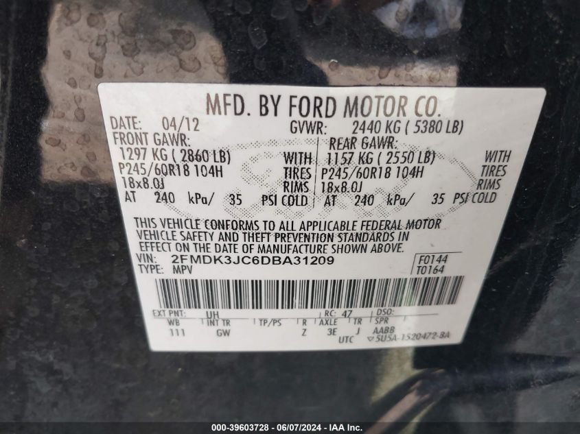2013 Ford Edge Sel VIN: 2FMDK3JC6DBA31209 Lot: 39603728