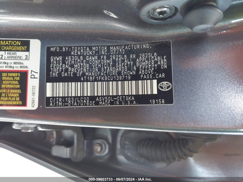 2012 Toyota Camry Se VIN: 4T1BF1FK9CU139719 Lot: 39603733