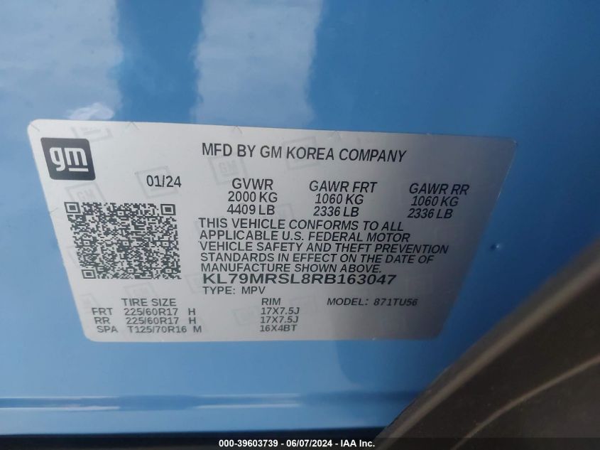 2024 Chevrolet Trailblazer Awd Lt VIN: KL79MRSL8RB163047 Lot: 39603739