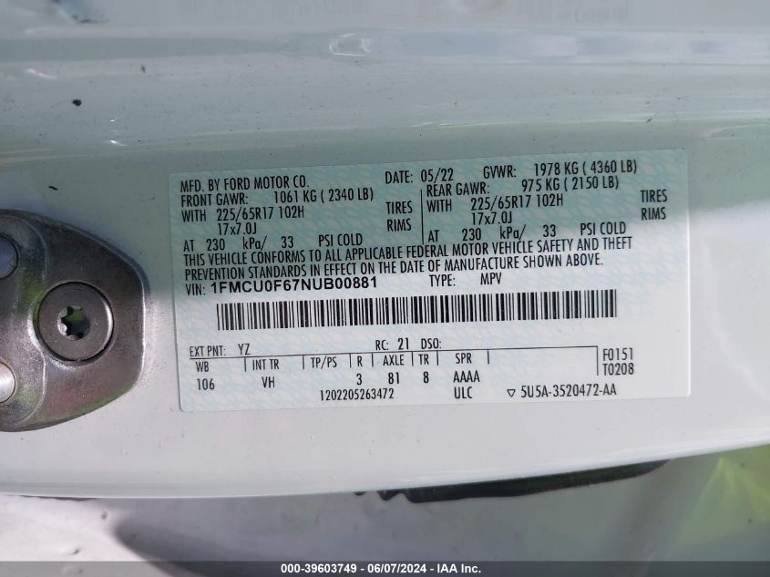 2022 Ford Escape S VIN: 1FMCU0F67NUB00881 Lot: 39603749