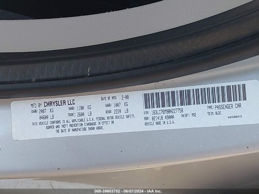 2008 Dodge Avenger R/T VIN: 1B3LC76M98N227758 Lot: 39603752
