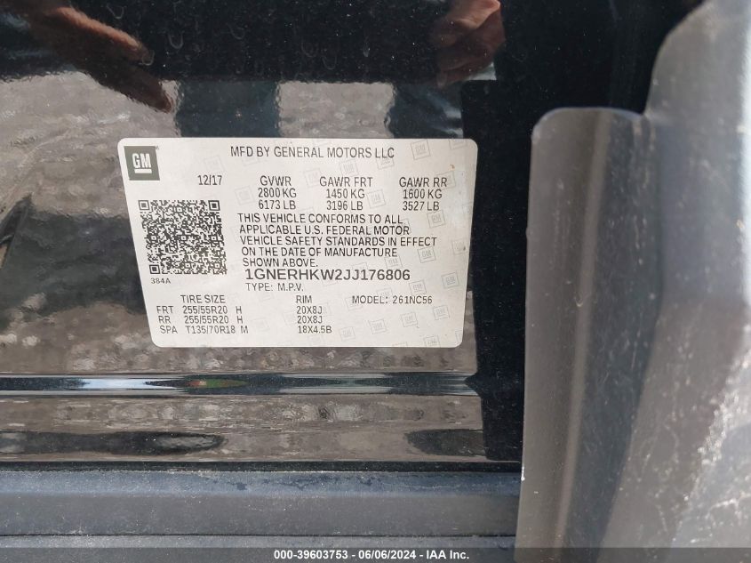 2018 Chevrolet Traverse 3Lt VIN: 1GNERHKW2JJ176806 Lot: 39603753