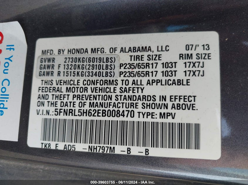 2014 Honda Odyssey Ex-L VIN: 5FNRL5H62EB008470 Lot: 39603755