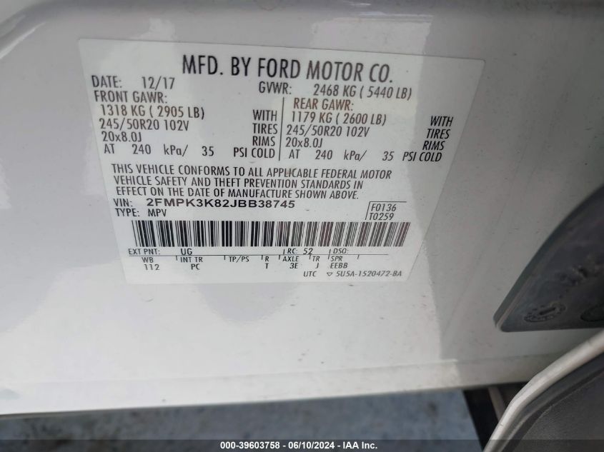 2018 Ford Edge Titanium VIN: 2FMPK3K82JBB38745 Lot: 39603758