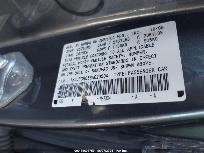 2009 Honda Accord Exl VIN: 1HGCP36859A020504 Lot: 39603759