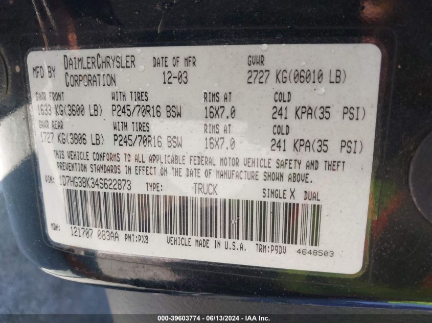 1D7HG38K34S622873 2004 Dodge Dakota Sport/Sxt