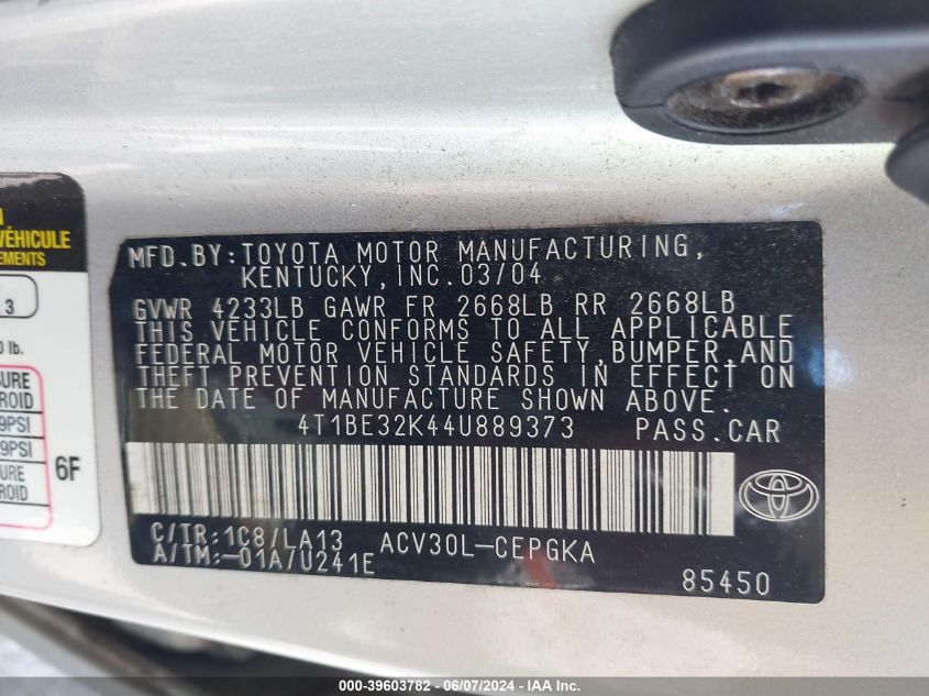 2004 Toyota Camry Xle VIN: 4T1BE32K44U889373 Lot: 39603782