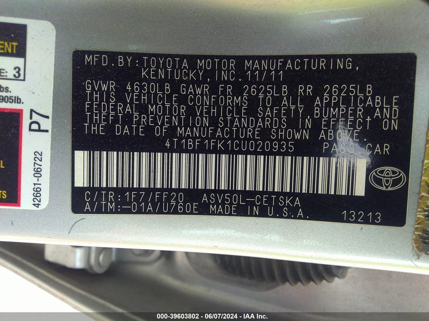 2012 Toyota Camry Se VIN: 4T1BF1FK1CU020935 Lot: 39603802