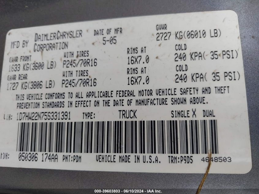 2005 Dodge Dakota St VIN: 1D7HW22N75S331391 Lot: 39603803