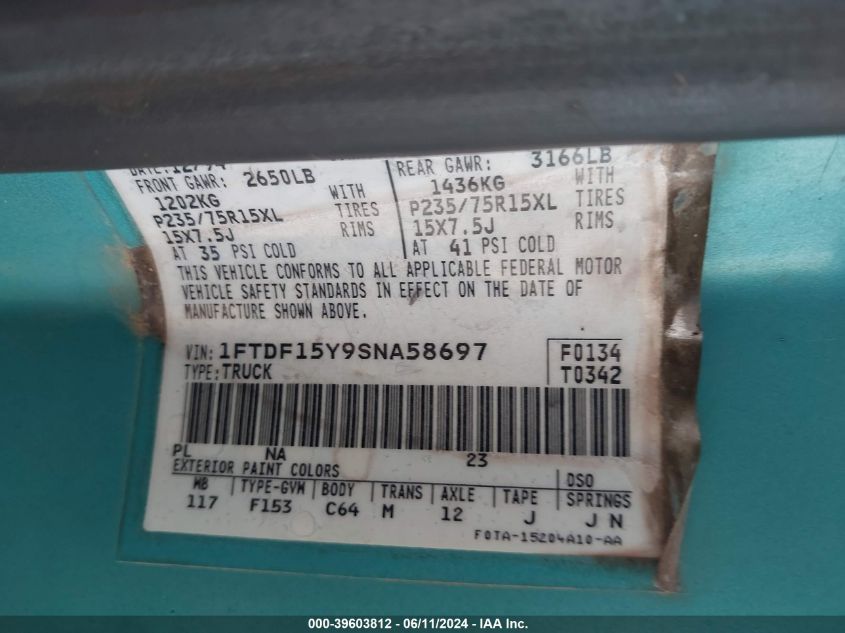 1995 Ford F150 VIN: 1FTDF15Y9SNA58697 Lot: 39603812