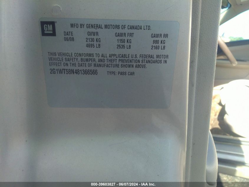2008 Chevrolet Impala Lt VIN: 2G1WT58N481366566 Lot: 39603827