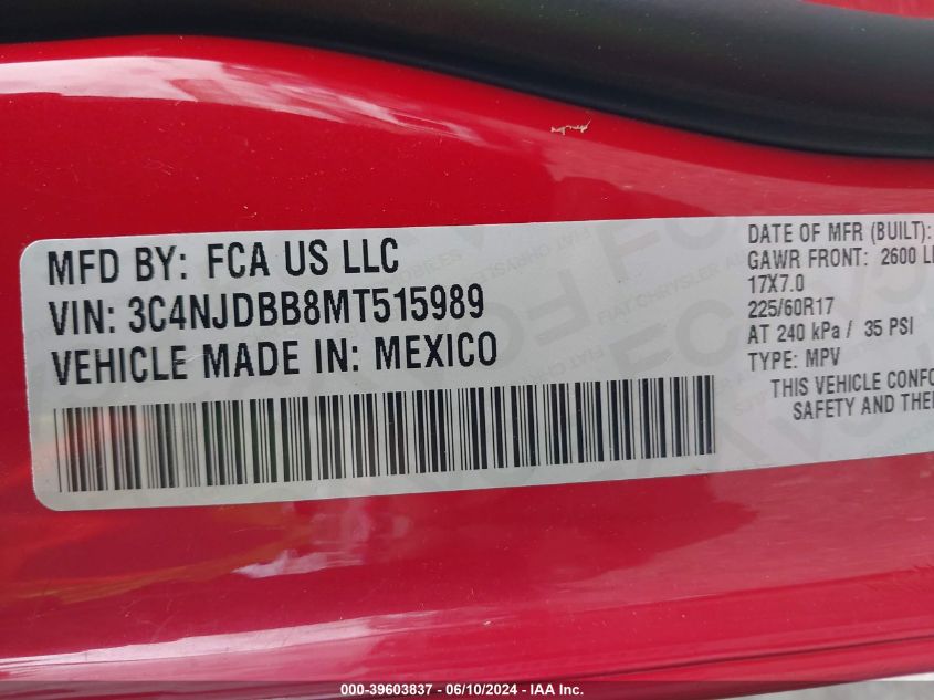 2021 Jeep Compass Latitude 4X4 VIN: 3C4NJDBB8MT515989 Lot: 39603837