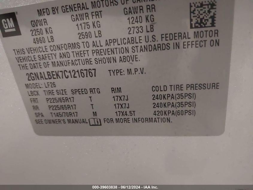 2012 Chevrolet Equinox Ls VIN: 2GNALBEK7C1216767 Lot: 39603838