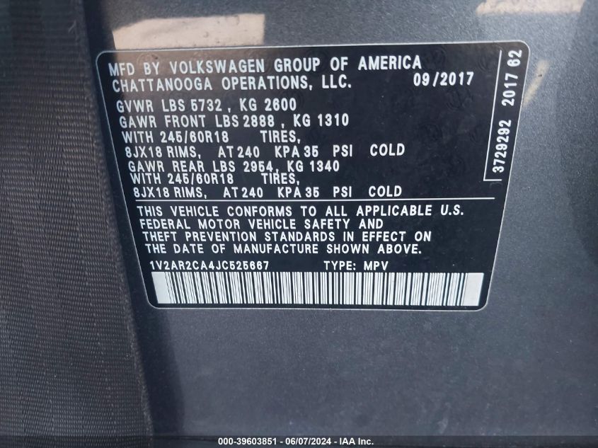 2018 Volkswagen Atlas 3.6L V6 S VIN: 1V2AR2CA4JC525667 Lot: 39603851