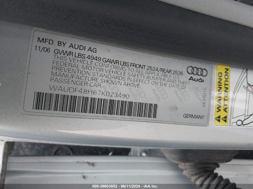 2007 Audi A4 2.0T VIN: WAUDF48H67K023490 Lot: 39603852