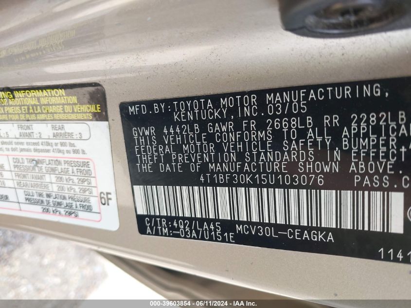 2005 Toyota Camry Xle V6 VIN: 4T1BF30K15U103076 Lot: 39603854