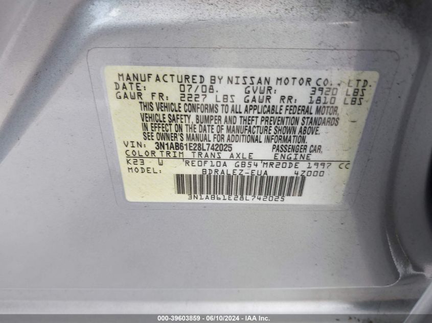 2008 Nissan Sentra 2.0S VIN: 3N1AB61E28L742025 Lot: 39603859