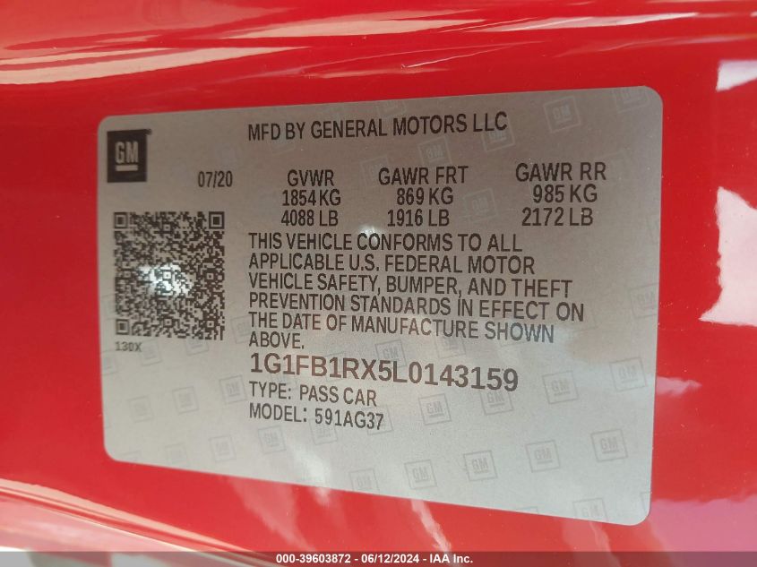 2020 Chevrolet Camaro Rwd 1Ls VIN: 1G1FB1RX5L0143159 Lot: 39603872