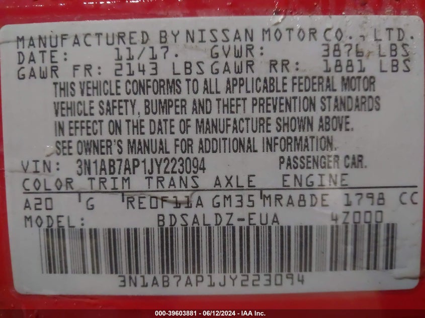 2018 Nissan Sentra Sv VIN: 3N1AB7AP1JY223094 Lot: 39603881