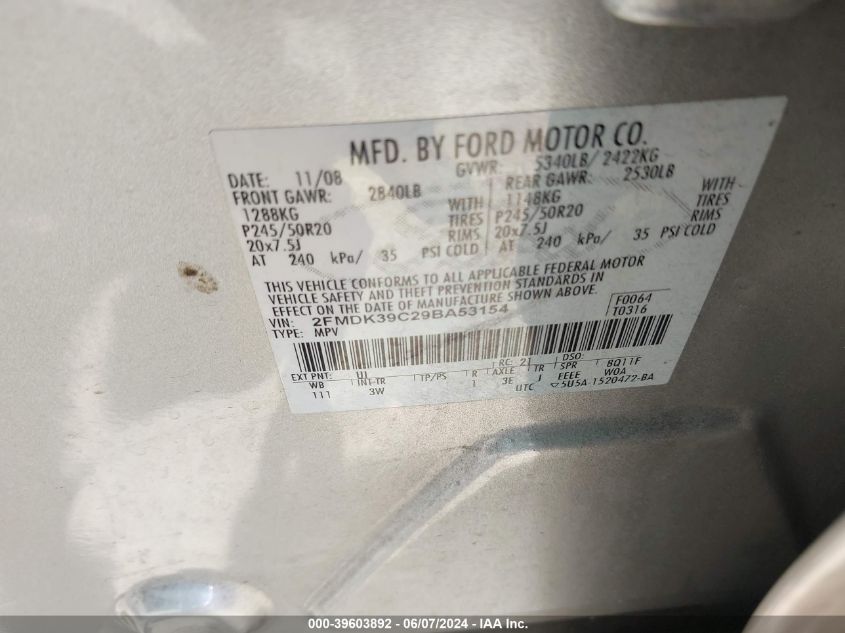 2FMDK39C29BA53154 2009 Ford Edge Limited