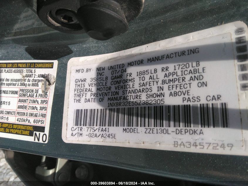 2005 Toyota Corolla Ce VIN: 1NXBR32E55Z382305 Lot: 39603894