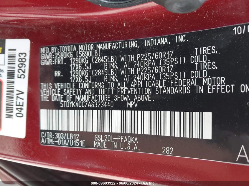 2010 Toyota Sienna Xle VIN: 5TDYK4CC7AS323440 Lot: 39603922