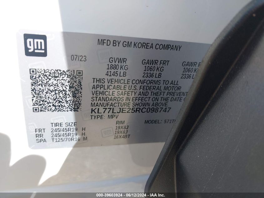 2024 Chevrolet Trax Fwd 2Rs VIN: KL77LJE25RC098747 Lot: 39603924