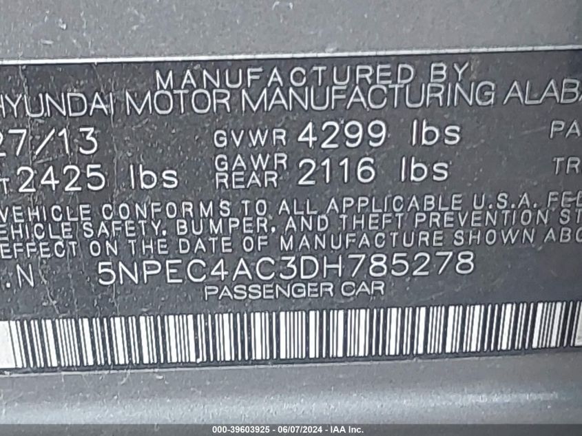 2013 Hyundai Sonata Se VIN: 5NPEC4AC3DH785278 Lot: 39603925