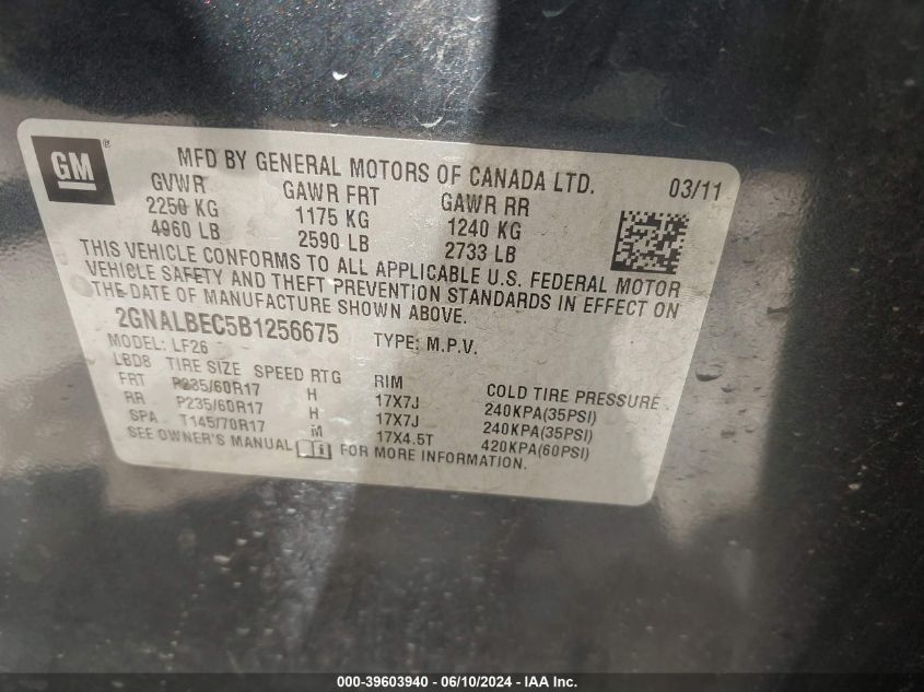 2011 Chevrolet Equinox Ls VIN: 2GNALBEC5B1256675 Lot: 39603940