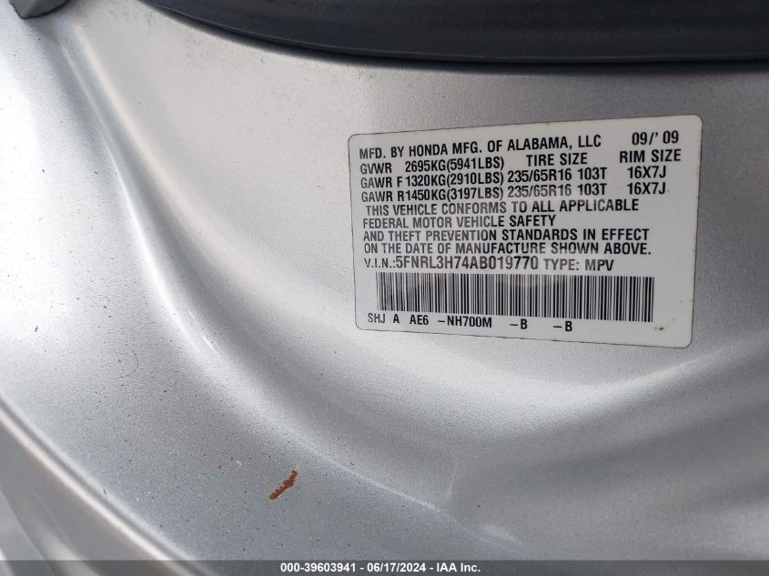 2010 Honda Odyssey Ex-L VIN: 5FNRL3H74AB019770 Lot: 39603941