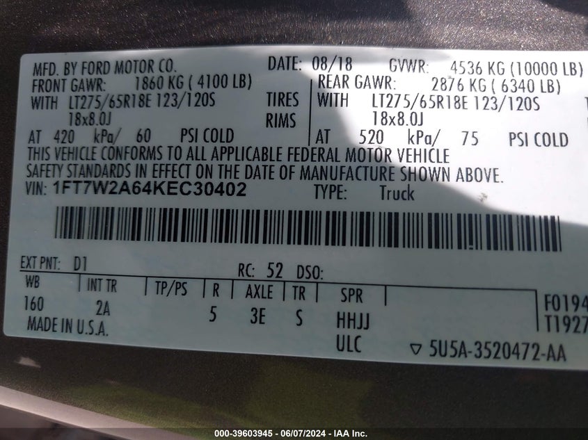 2019 Ford F-250 Xlt VIN: 1FT7W2A64KEC30402 Lot: 39603945