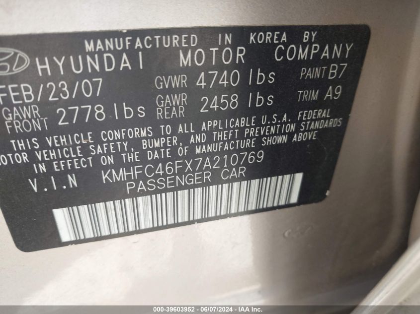 2007 Hyundai Azera Limited/Se VIN: KMHFC46FX7A210769 Lot: 39603952