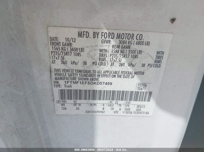 2013 Ford F-150 Xl VIN: 1FTMF1EF5DKD57459 Lot: 39603954