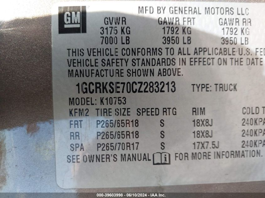 2012 Chevrolet Silverado 1500 Lt VIN: 1GCRKSE70CZ283213 Lot: 39603998